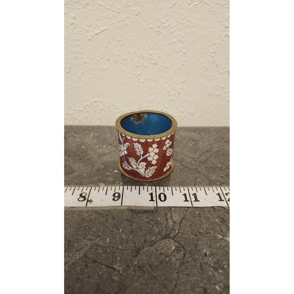 Vintage Chinese Cloisonne Red Floral Enamel Mini Pot Toothpick Holder Decor - Picture 3 of 8